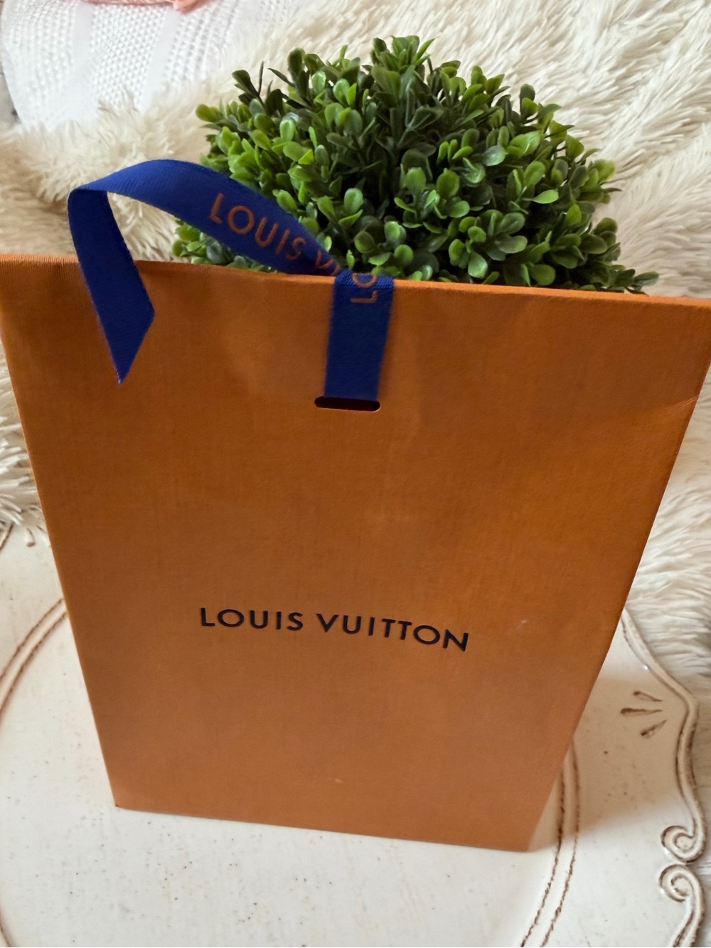 Louis Vuitton Orange Gift Bag with Blue Ribbon Accent